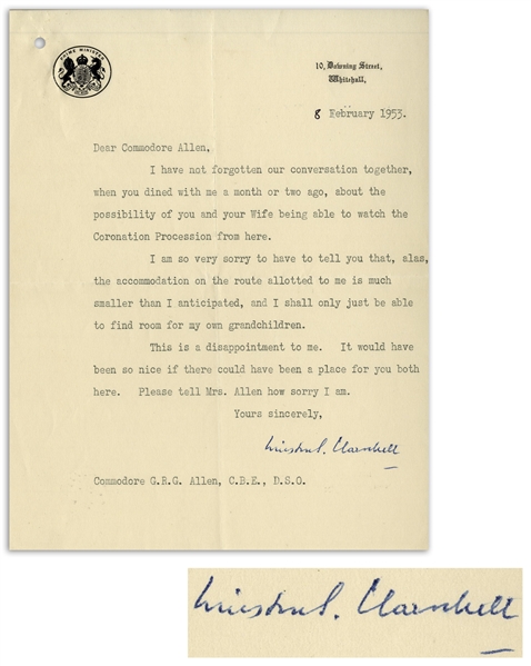 Winston Churchill Letter Signed as Prime Minister -- Regarding the Coronation of Queen Elizabeth II